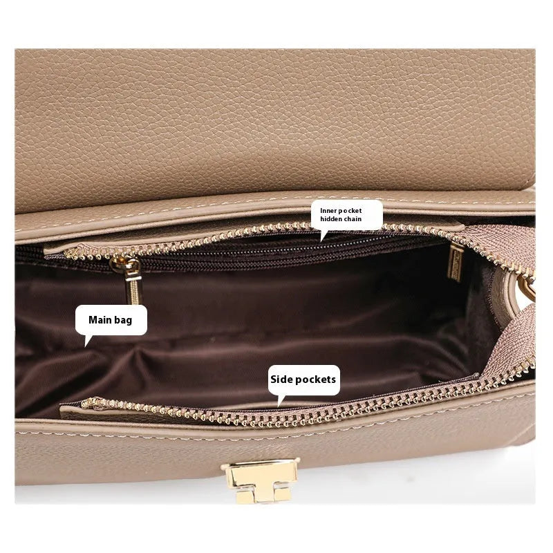 Elephant grey genuine leather crossbody handbag with litchi pattern texture and vintage lock hardware