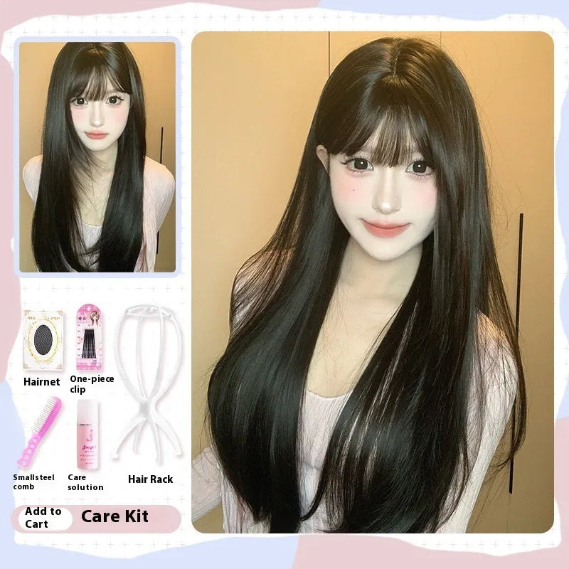 Dark brown straight women's wig with bangs for round face shapes