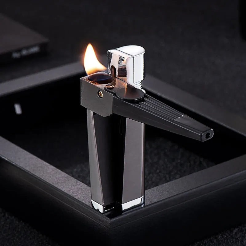 Silver foldable metal pipe lighter showing open stash compartment and ignition mechanism