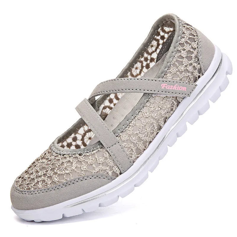 Women's beige mesh lace-up casual flat shoes with round toe and sewing line detail