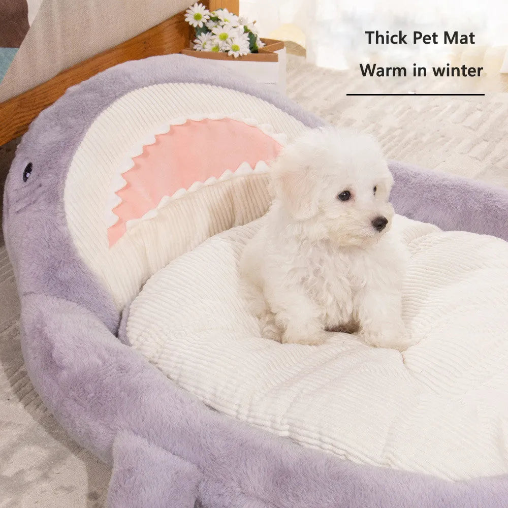 Blue shark pattern velvet pet bed cushion with non-slip base for dogs and cats