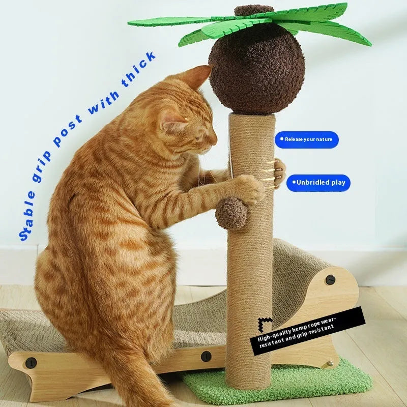 Wooden beach chair style cat climbing frame with integrated nest, scratch board, and hemp mat