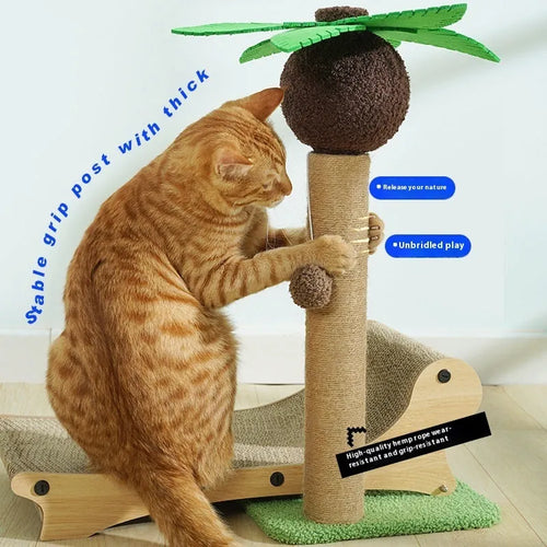 Solid wood beach chair style cat climbing frame with integrated hideaway nest and hemp-wrapped scratching column.