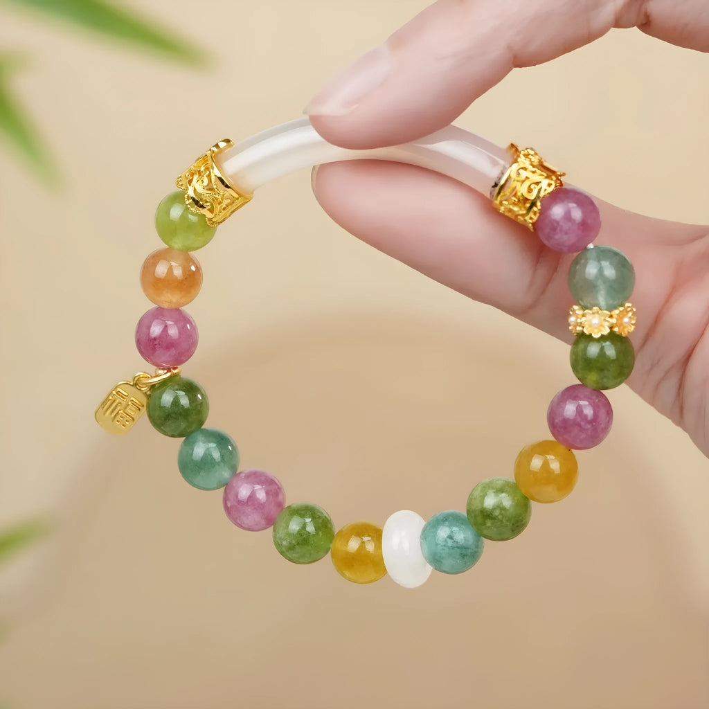 Women's tourmaline bracelet with natural jade rainbow colours and half bracelet pith construction