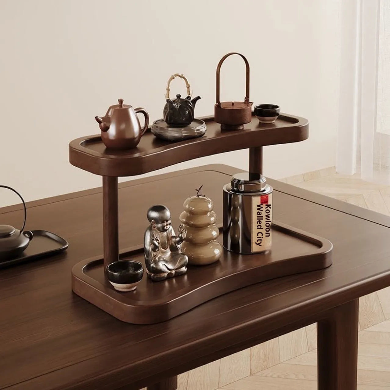 Two-layer bamboo cup storage rack on a tabletop with small items organised on both tiers