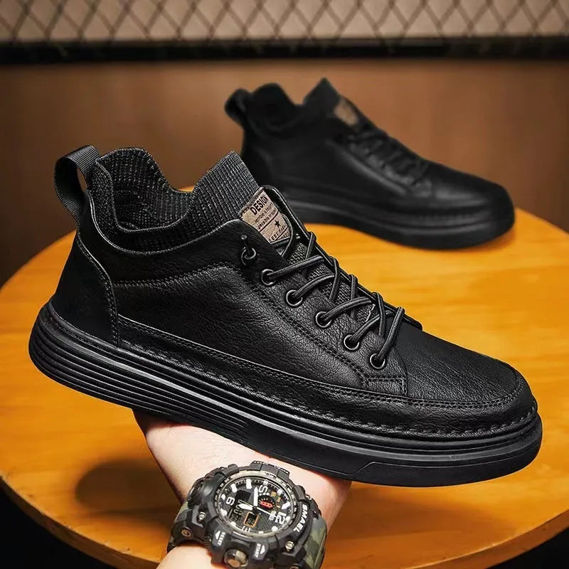 Men's black non-slip wear-resistant lightweight sneakers with EVA sole and PU upper, side view