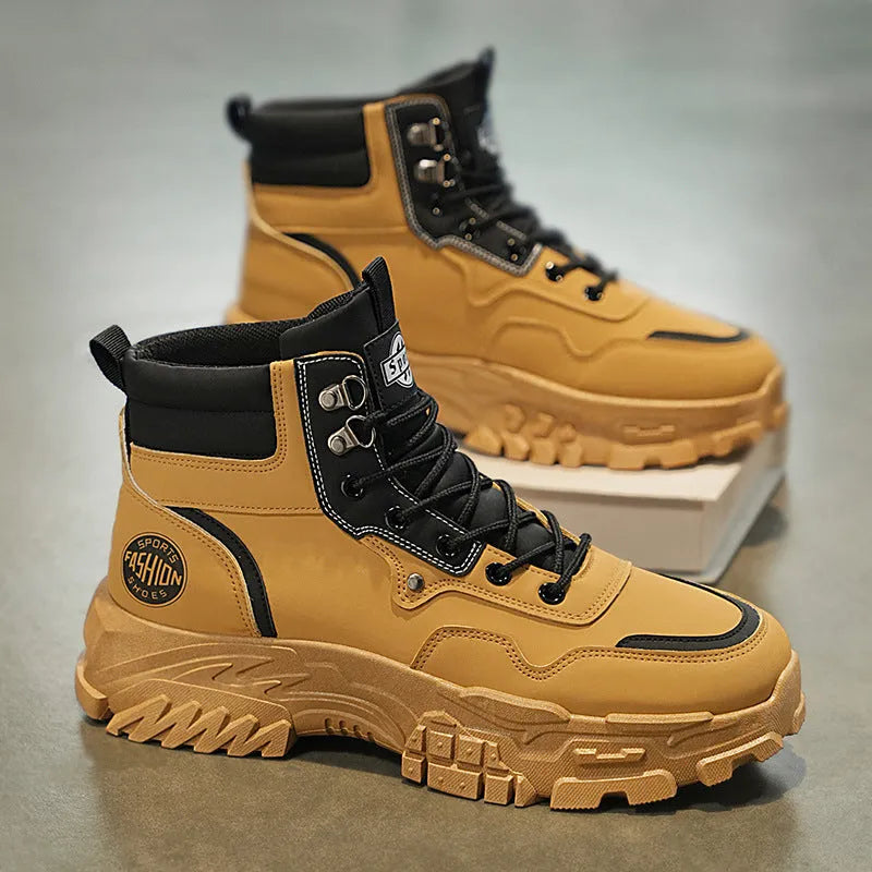 Men's black and yellow Martin boots with artificial PU upper and injection moulded sole