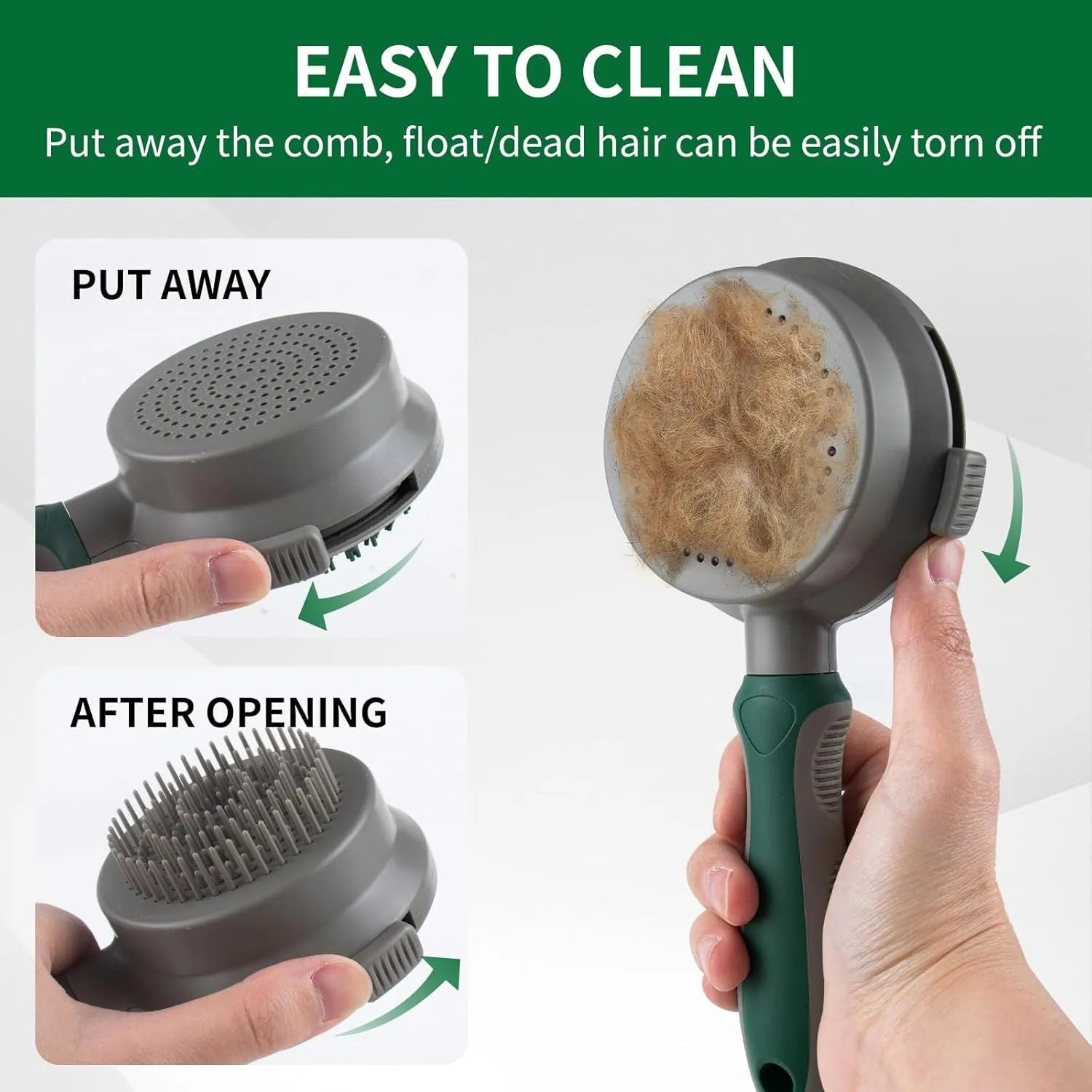 Green and pink two-sided silicone pet grooming brush with slicker brush and massage head on a white background