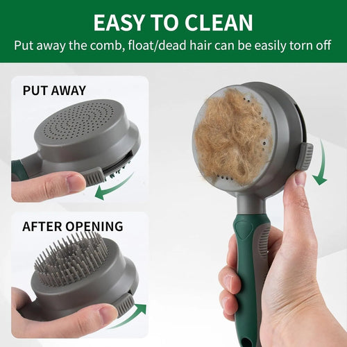 Green and pink two-sided silicone pet grooming brush with slicker brush and massage head on a white background