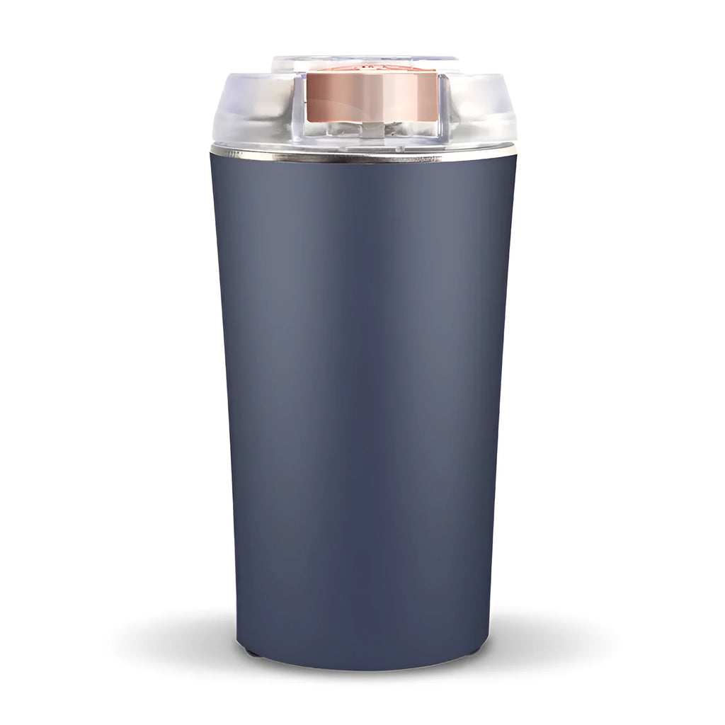 Blue mini flour mill and grinder machine for spices and grains with adjustable settings.