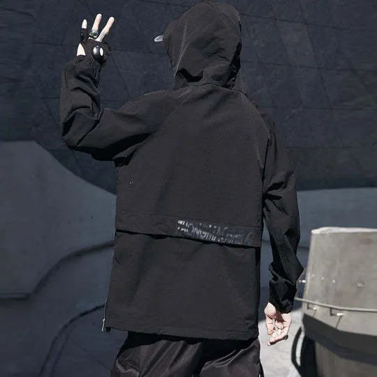Men's black hooded zip-up thin coat, loose fit, sizes M to 2XL, external wear outer layer