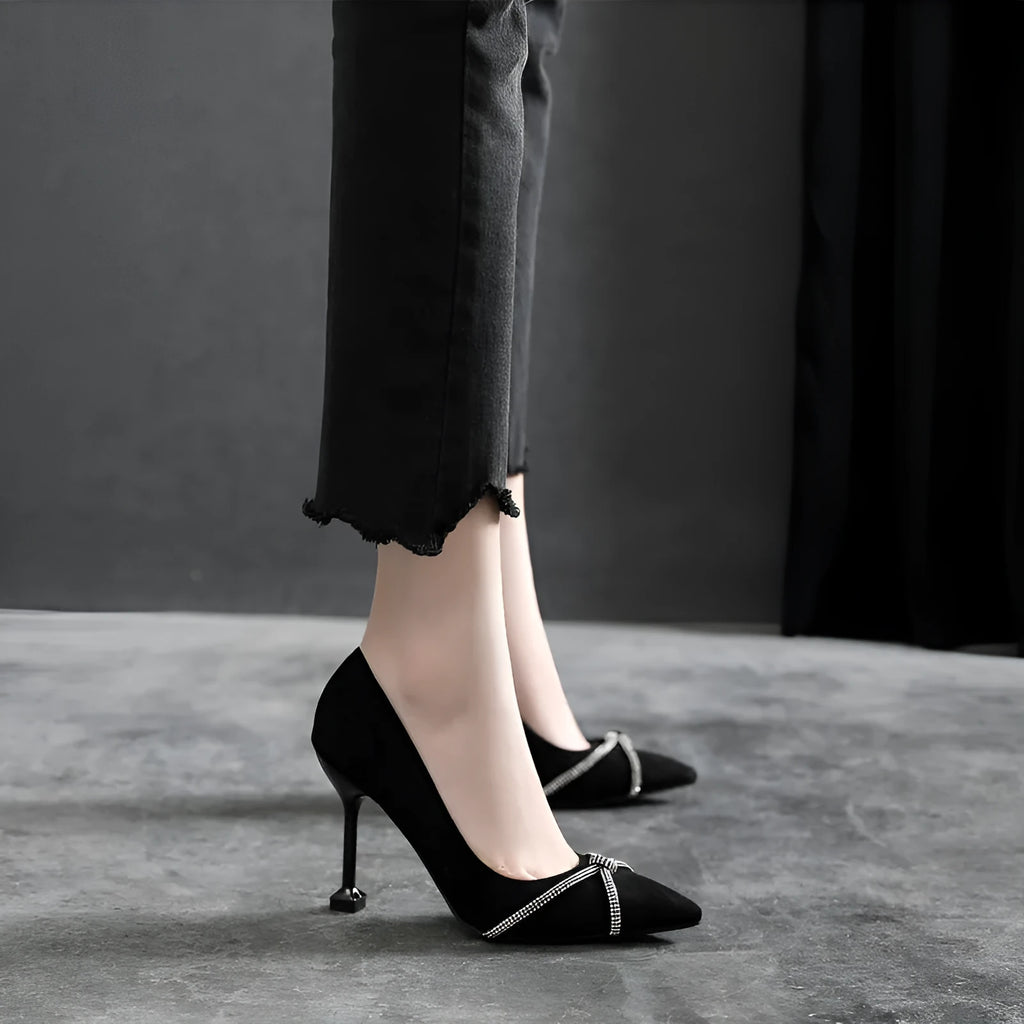 Women's stiletto heels in apricot 7.5cm with pointed toe, suede upper, and rhinestone decoration