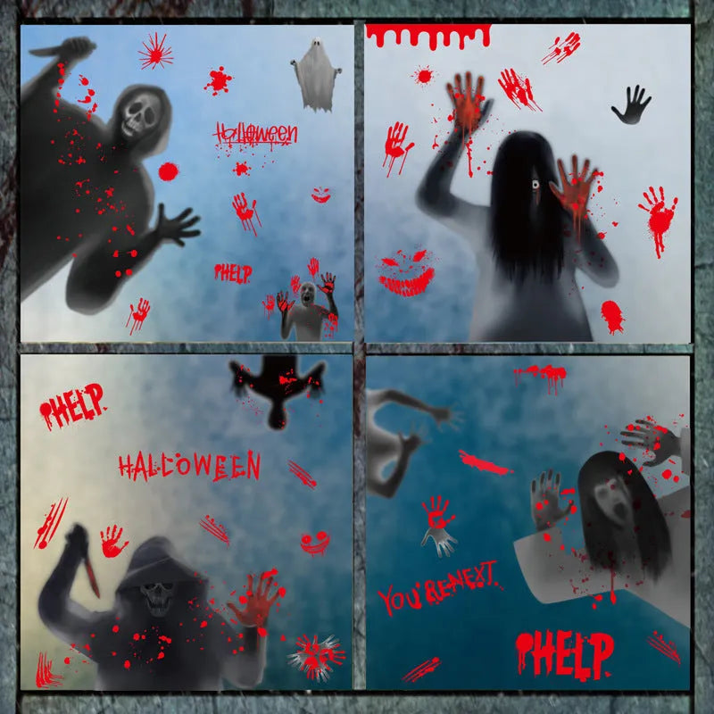 Six PVC electrostatic Halloween stickers with female ghost and skull motifs arranged as a window scene layout