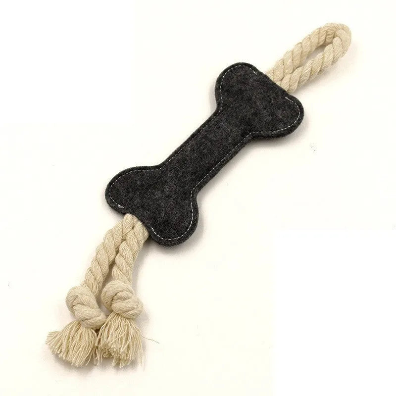 Bone-shaped felt dog toy with rope knot construction, showing black colour option