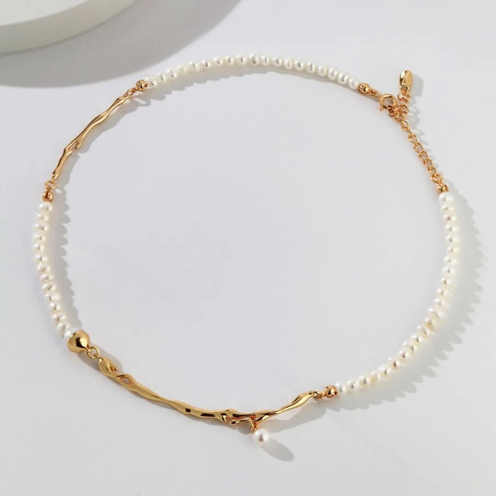 Stitching niche pearl necklace with copper pendant, O-ring chain, 71-80cm length, in silver or gold