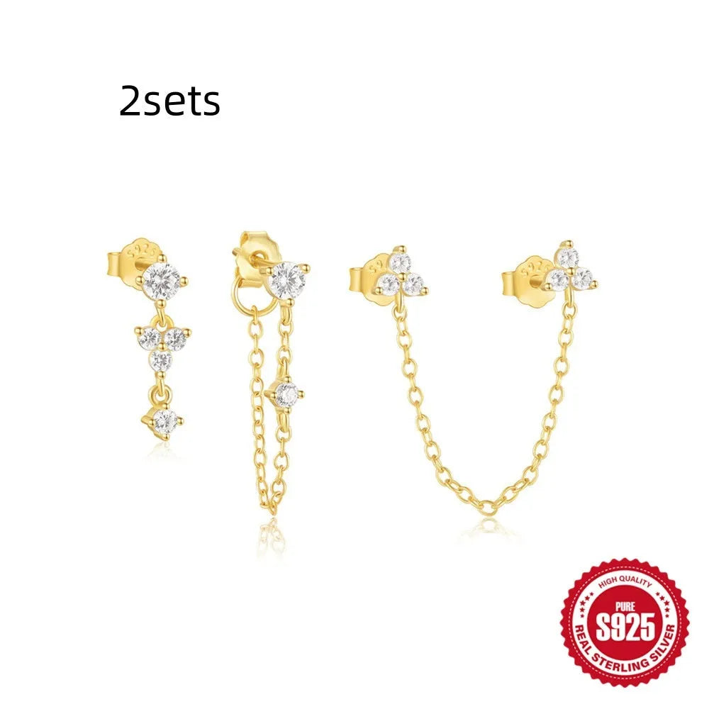 S925 sterling silver geometric zircon tassel earring set in four colour variants