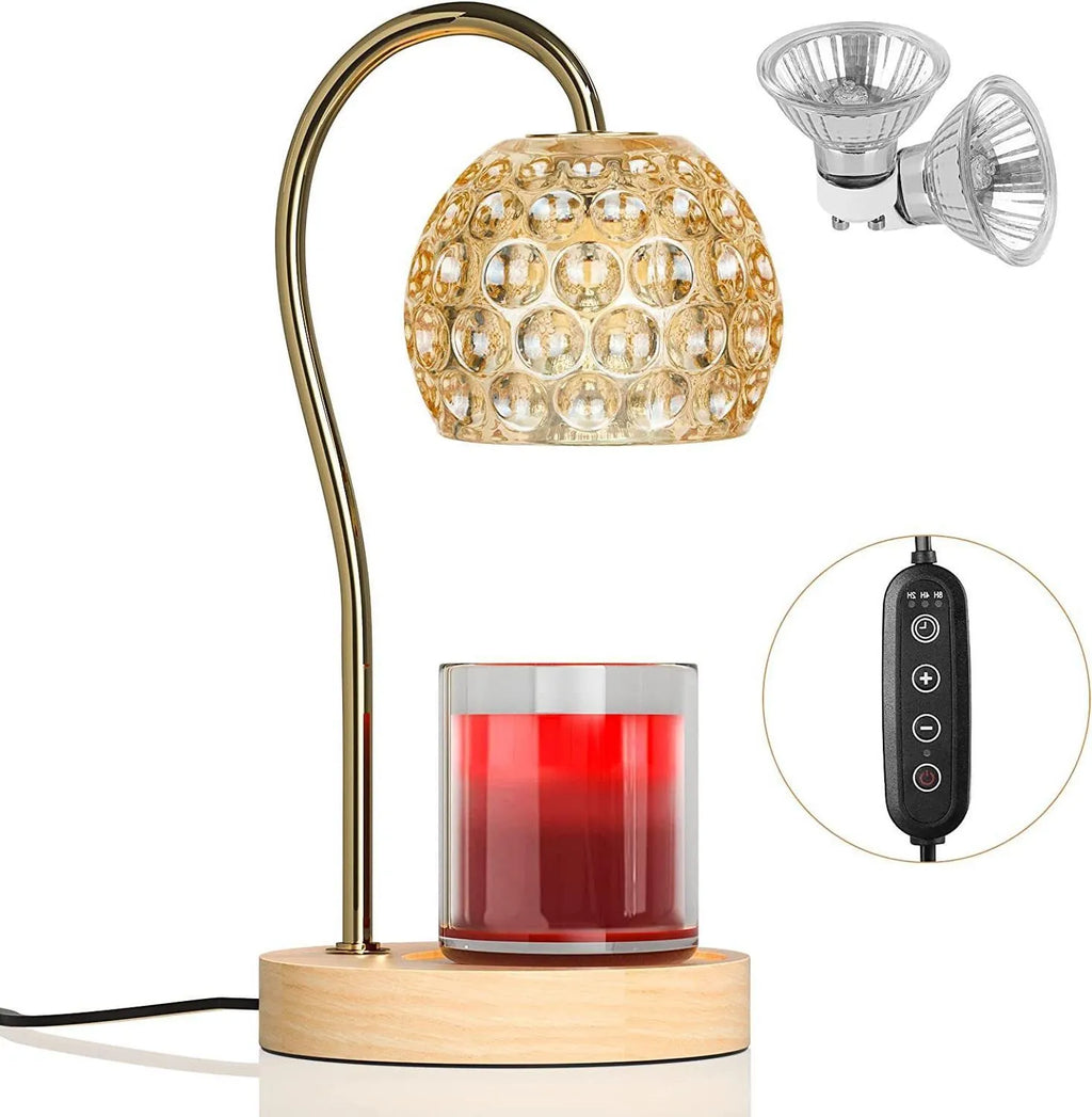 Creative fragrance lamp with bamboo wood holder, amber lily colour, timing and dimming controls, no flame design