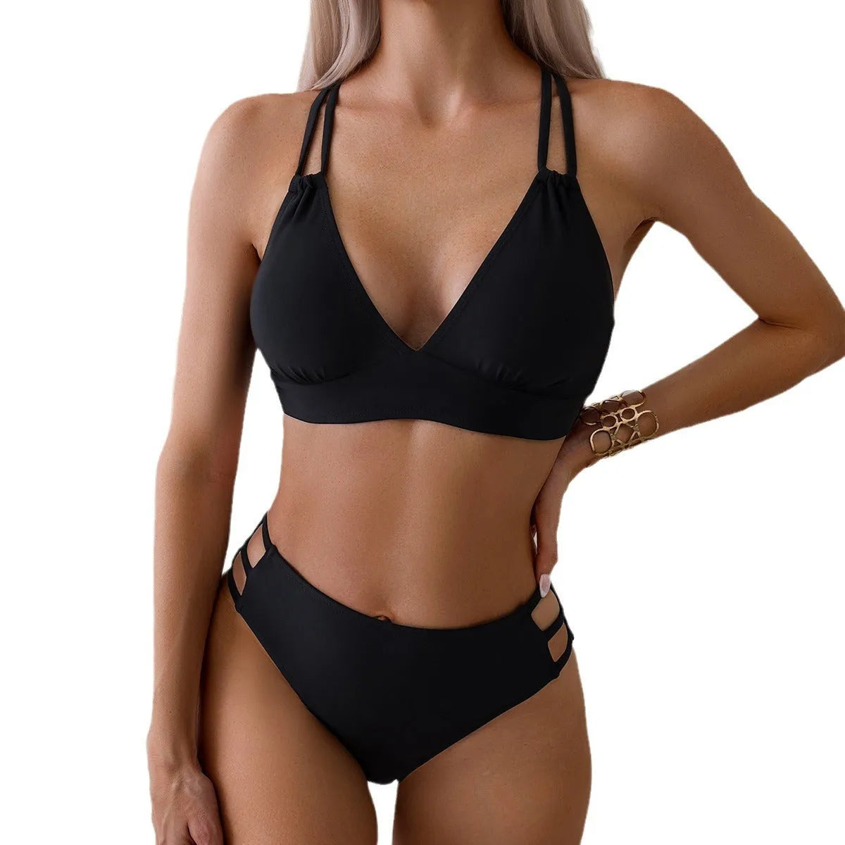 Women's V-neck halter bikini swimsuit in split design with adjustable ties
