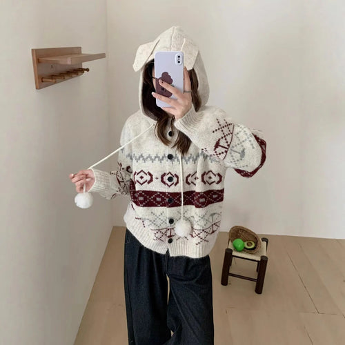 Plus size women's loose fit brocade sweater coat with geometric pattern in beige
