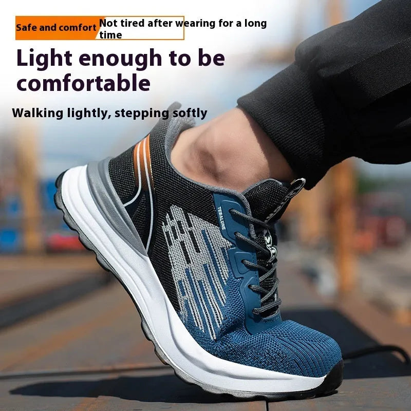 Blue men's low-top safety work shoes with mesh upper, lace closure, and protective toe cap.