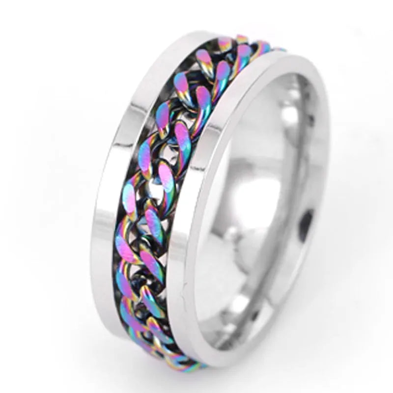 Titanium steel spinner ring with chain pattern and beer bottle opener in multiple colours and sizes