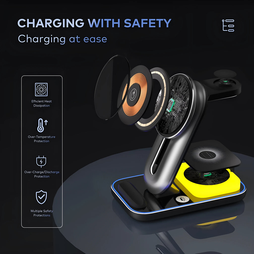 Three-in-one magnetic wireless charger, foldable fast charge unit in black or grey