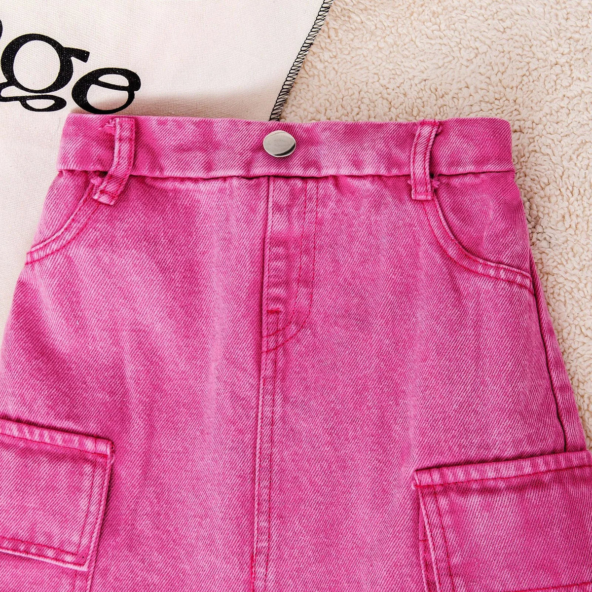 Girls pink knot-front long-sleeve top and denim shorts set, cotton, height 90-140