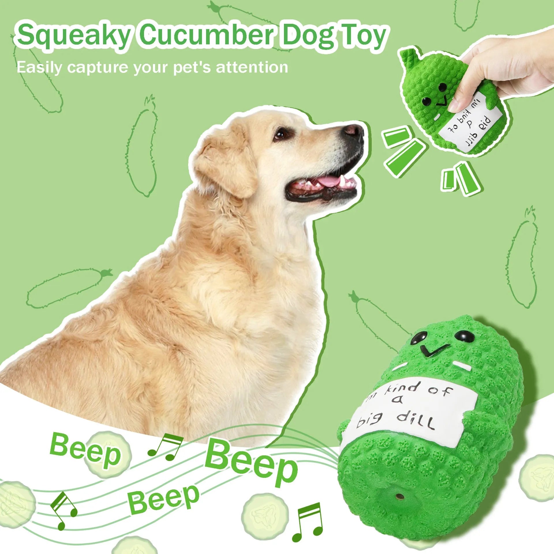 Green latex pickle-shaped dog chew toy with a nubby texture and squeaker inside.