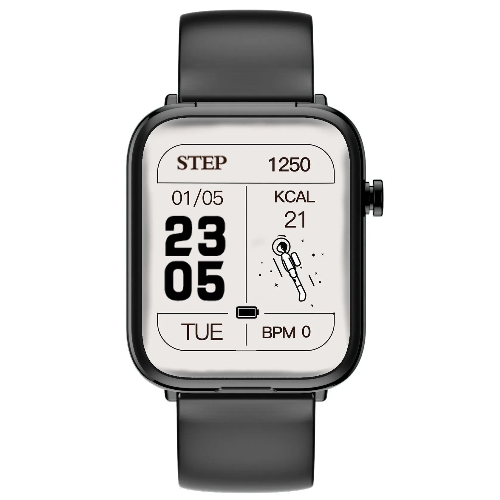 Black smartwatch with touchscreen on wrist next to its open magnetic charging case holding two wireless earbuds.