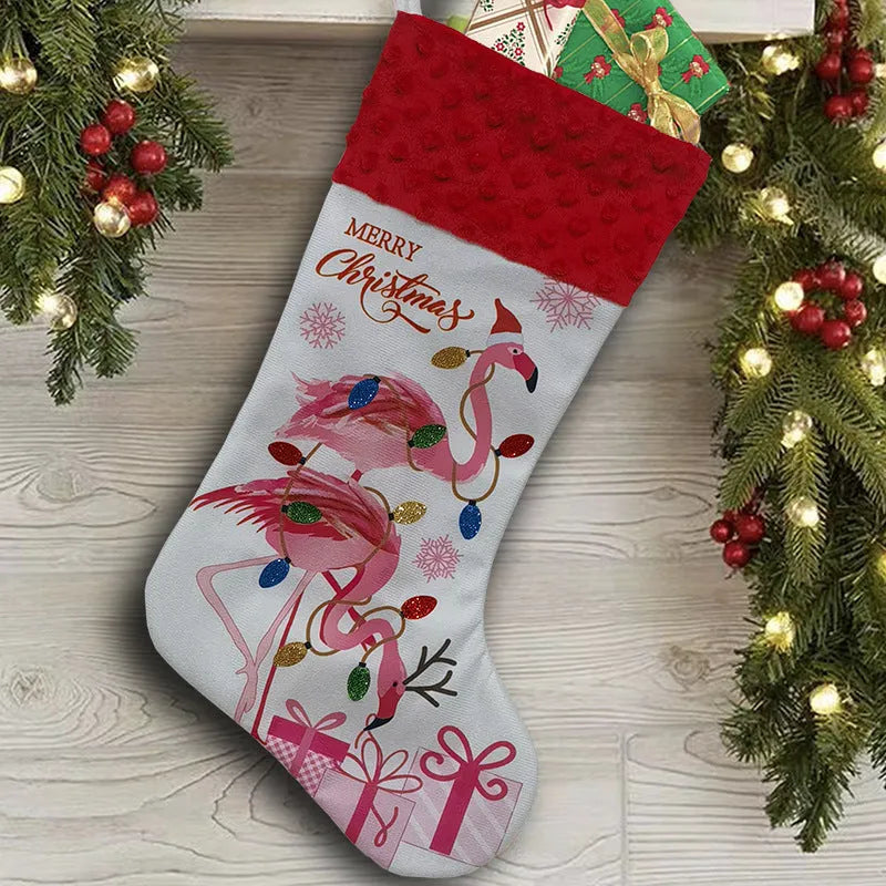 Large red flamingo-themed cloth Christmas stocking hanging for decoration