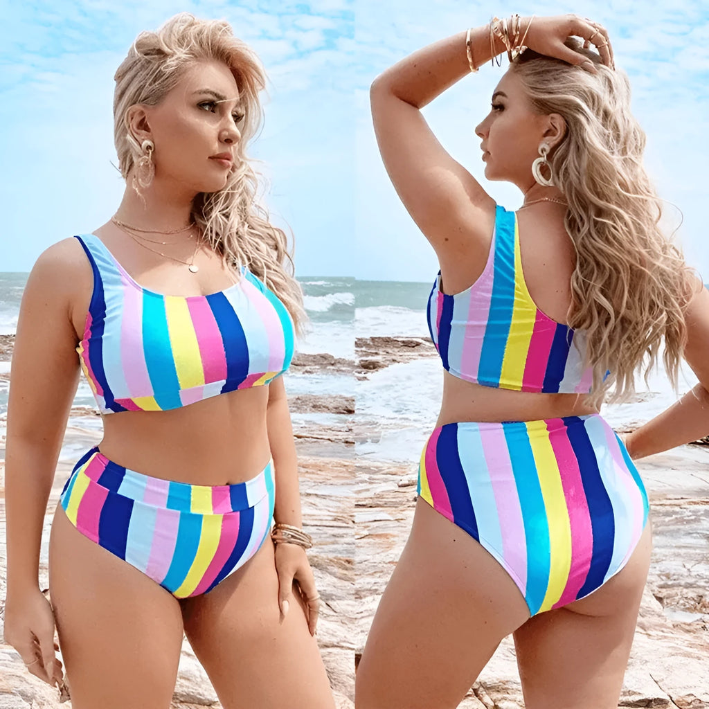 Women's plus size split bikini in polyester with spandex lining, available in XL to 4XL and black, blue or multicolour.