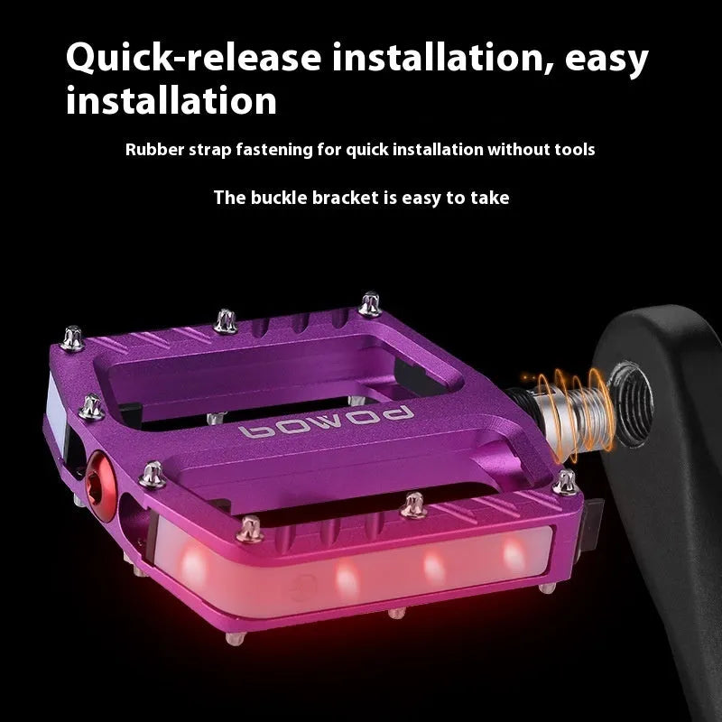 Bicycle pedal with LED lights in aluminium alloy construction, showing multiple colour options