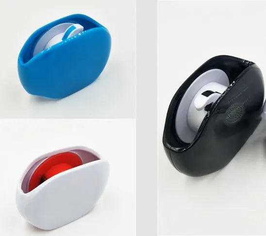 Automatic earphone cable winder retractor in blue, showing compact size next to a 3.5mm jack.
