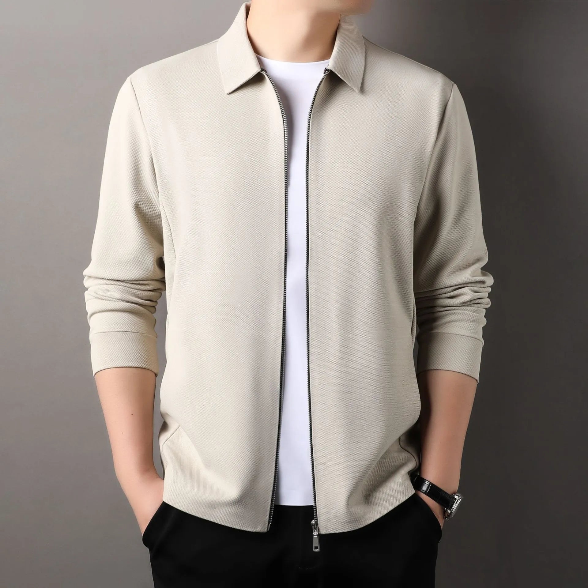 Men's polyester jacket in apricot colour with straight hem and regular long sleeves