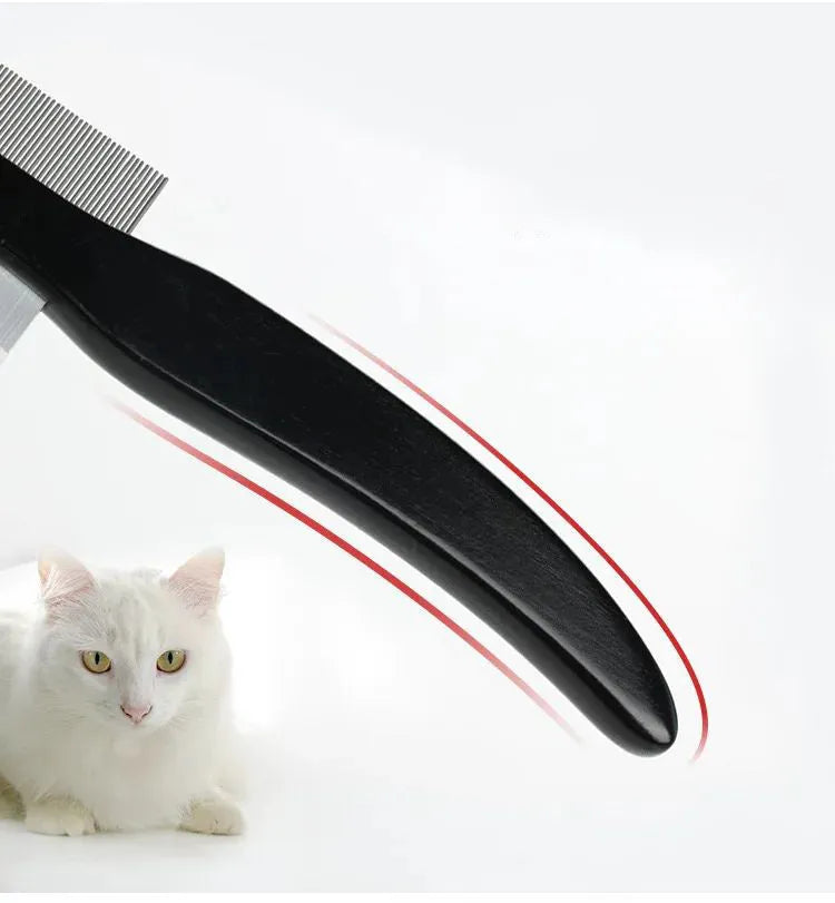 Black double-sided pet grooming comb with wood handle and stainless steel teeth