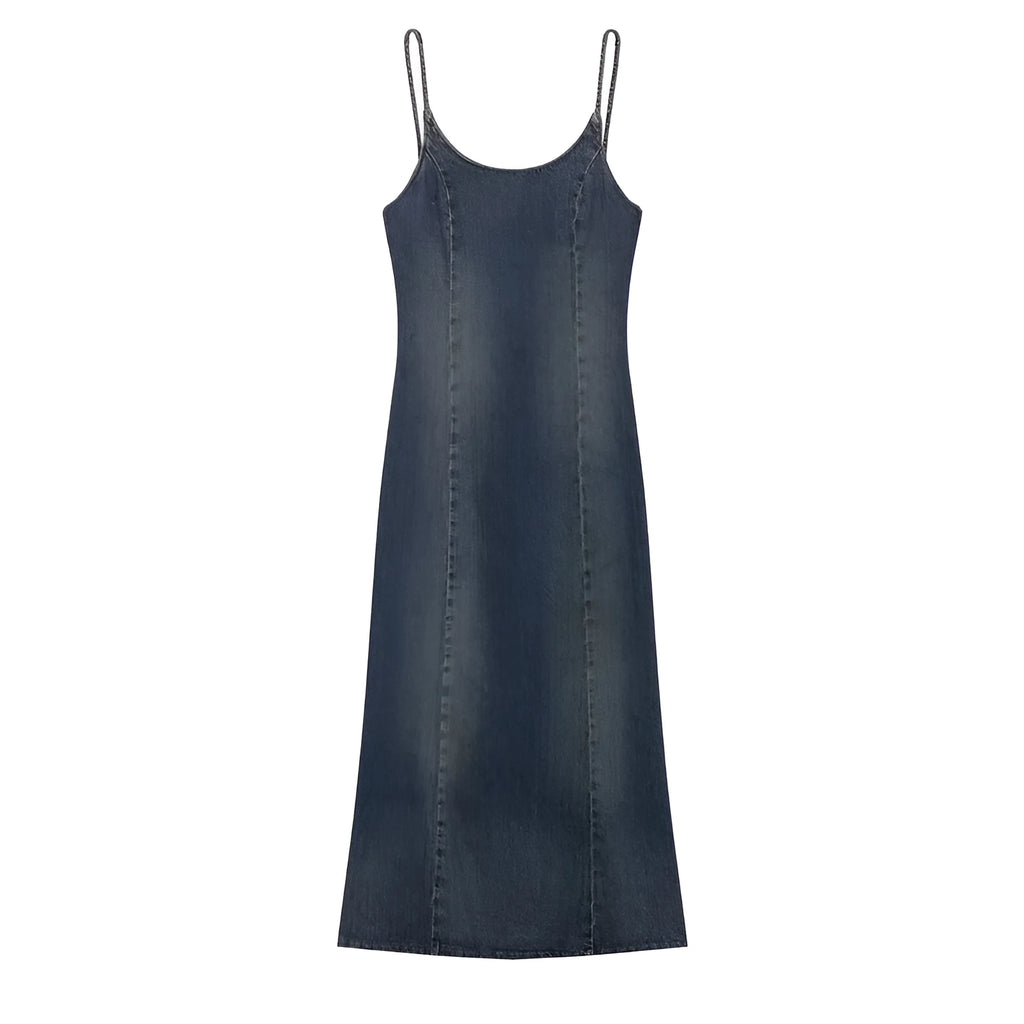 Women's blue knitted denim-look short dress with hood, pleated asymmetrical hem, and long sleeves on a model.
