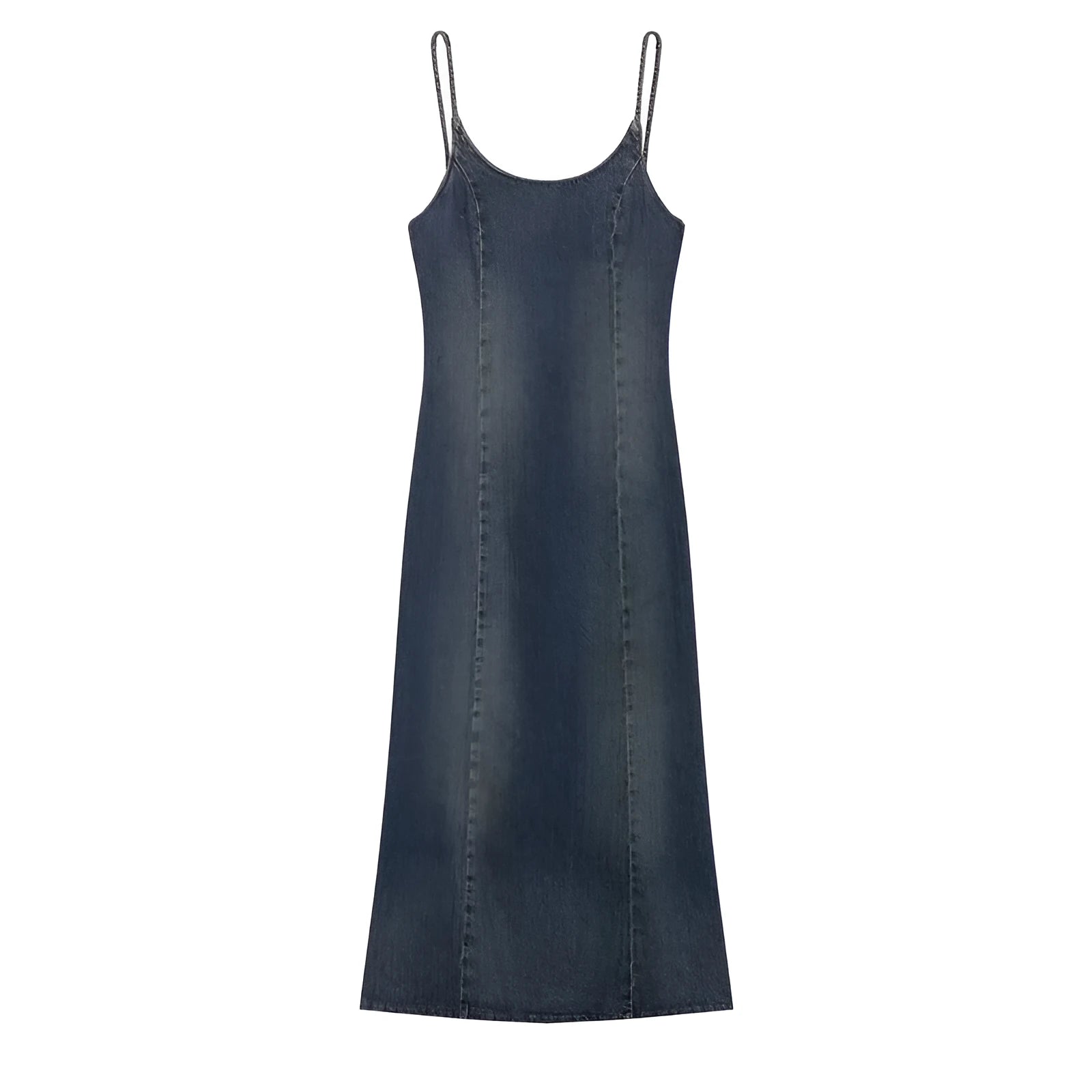 Women's blue knitted denim-look short dress with hood, pleated asymmetrical hem, and long sleeves on a model.