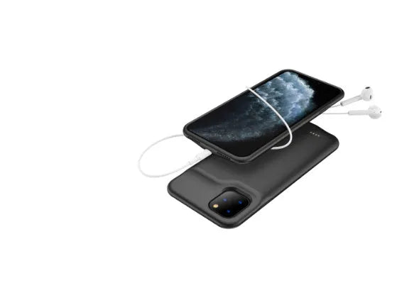 Shockproof silicone iPhone battery charging case in black, blue, pink, or white.