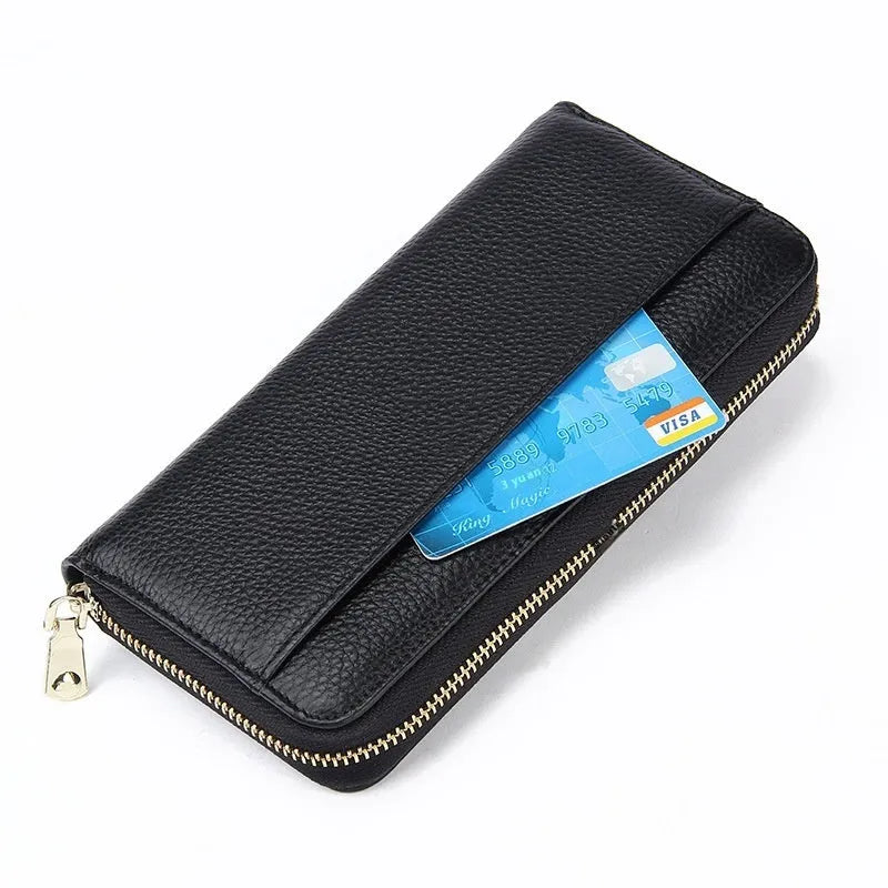 Long genuine leather women's wallet in a choice of colours, shown open to display multiple card slots and a large main compartment.
