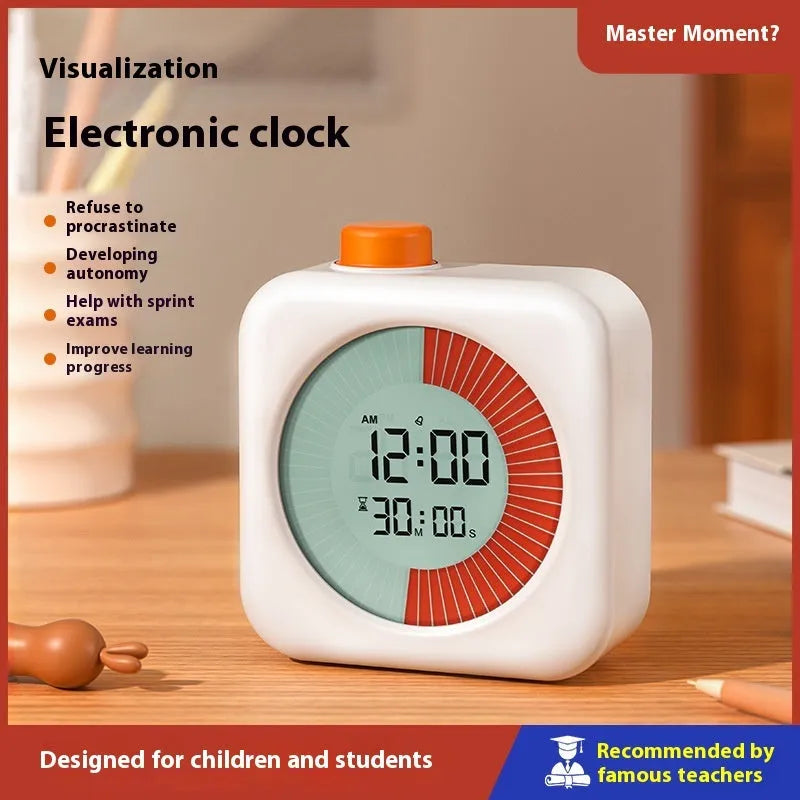 White plastic 60-minute visual timer with clear dial on desk for student study