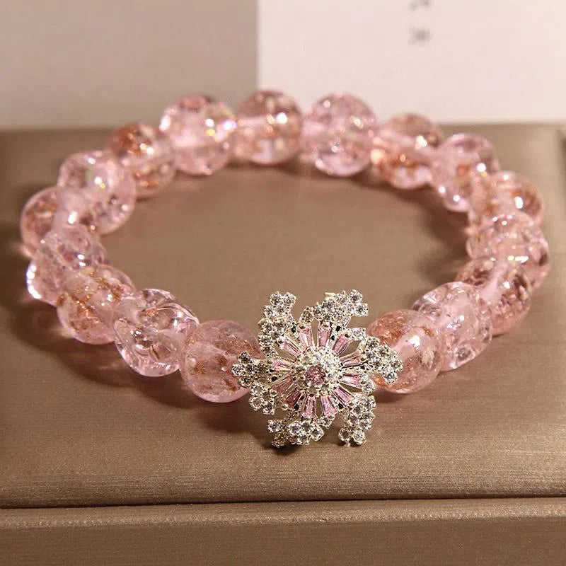 Pink colored glaze special-shaped bead bracelet with micro-inlaid snowflake design for women