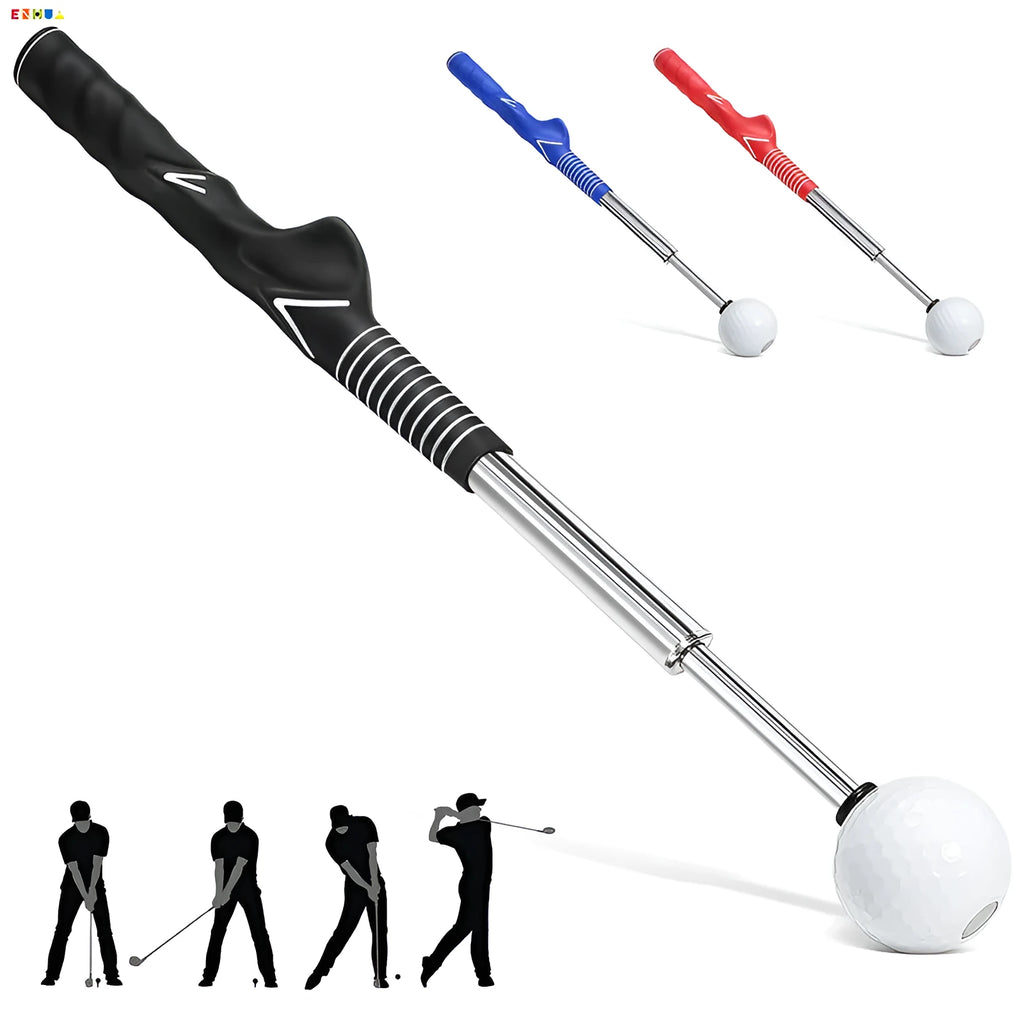 Telescopic stainless steel golf swing simulator with trainer, shown in black, blue, and red colour options.