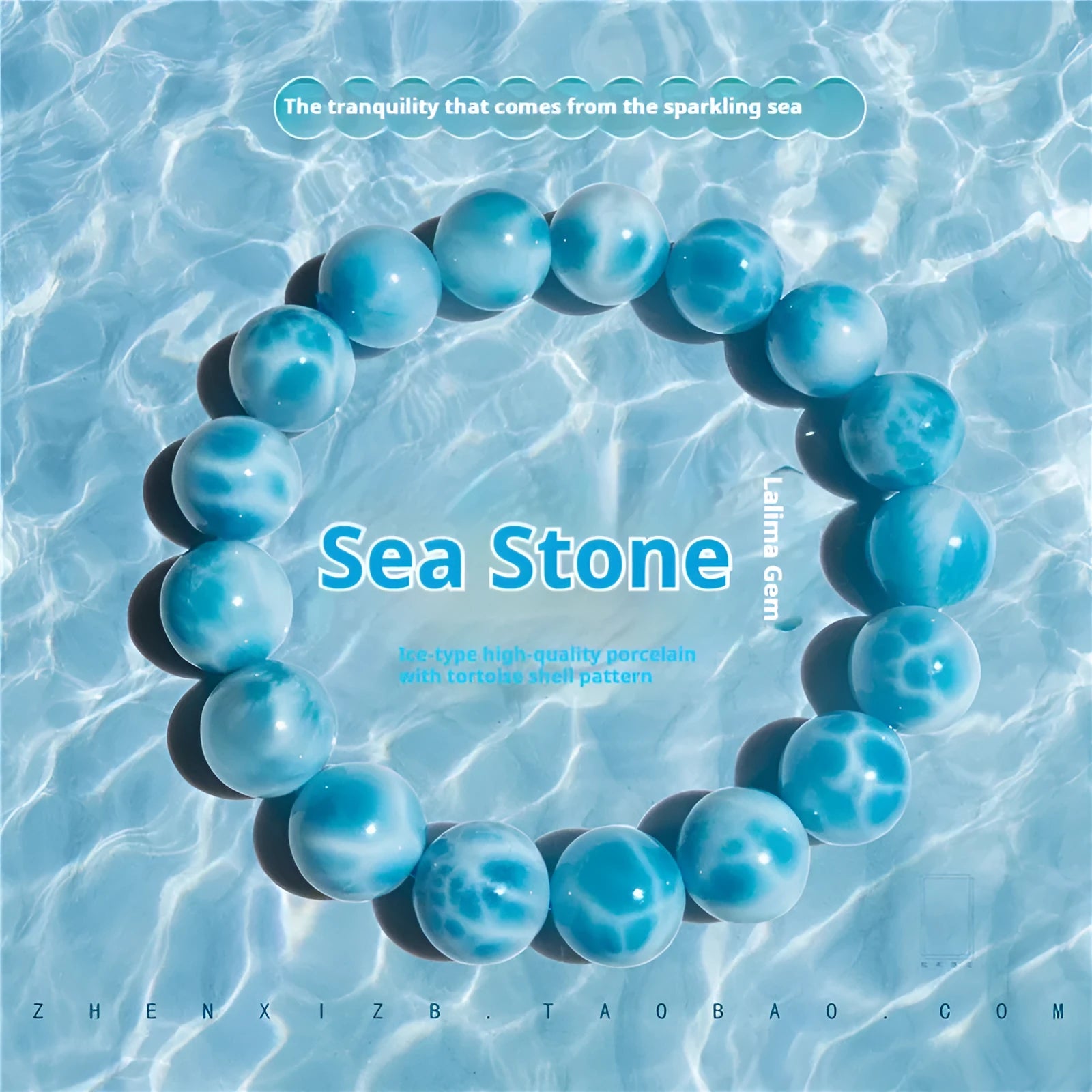Blue hand-crafted bodhi bracelet with a pearl accent, showing bead sizing options.