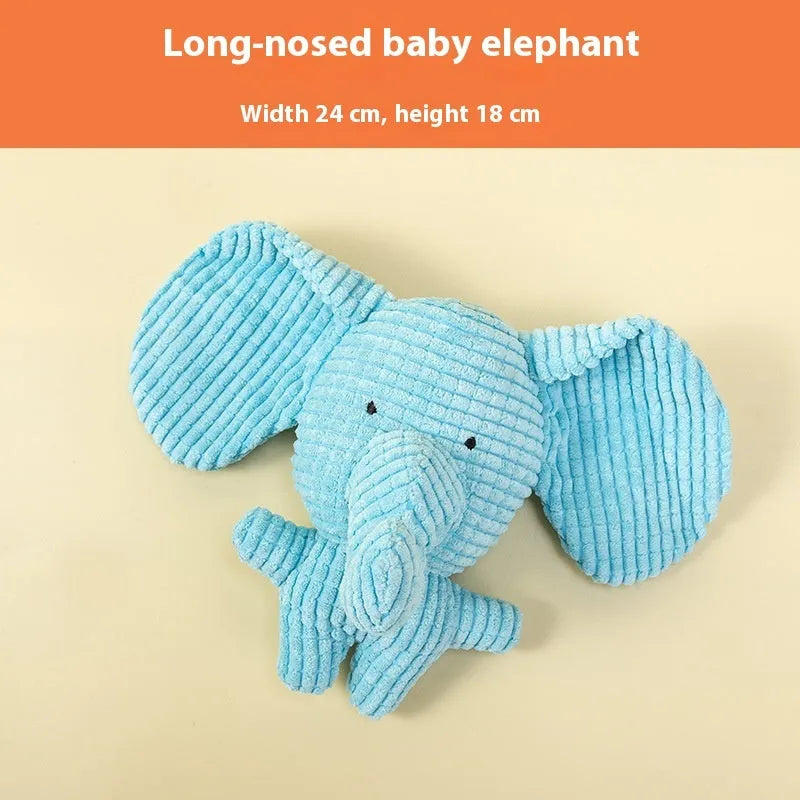 Plush puppy toy showing various animal styles including rechargeable duck, blue elephant, and donkey in multiple colours