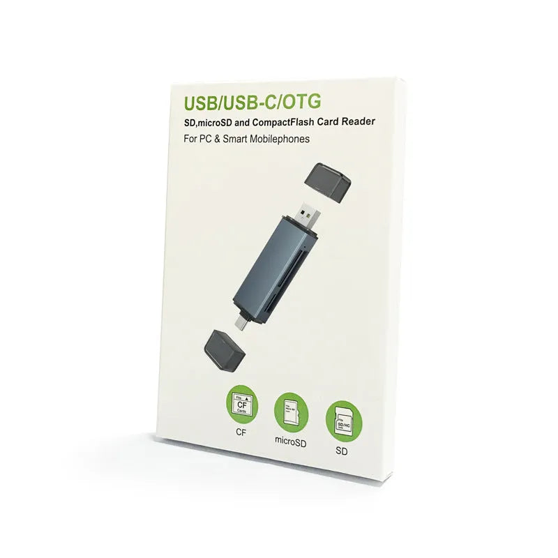 CF SD TF three-in-one memory card reader with aluminium alloy casing and USB 2.0 connectivity