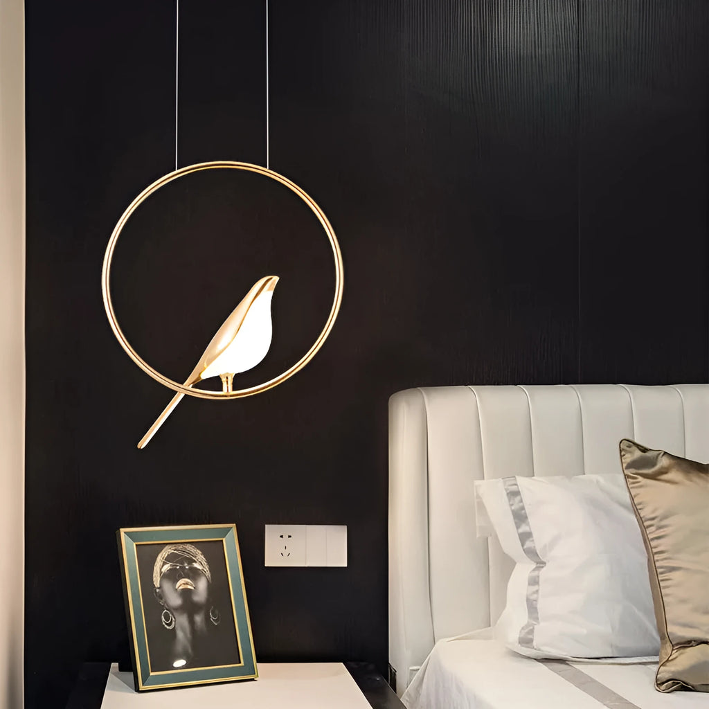 Tall, linear modern magpie bird chandelier with zinc alloy frame and acrylic details, hanging at 150cm.