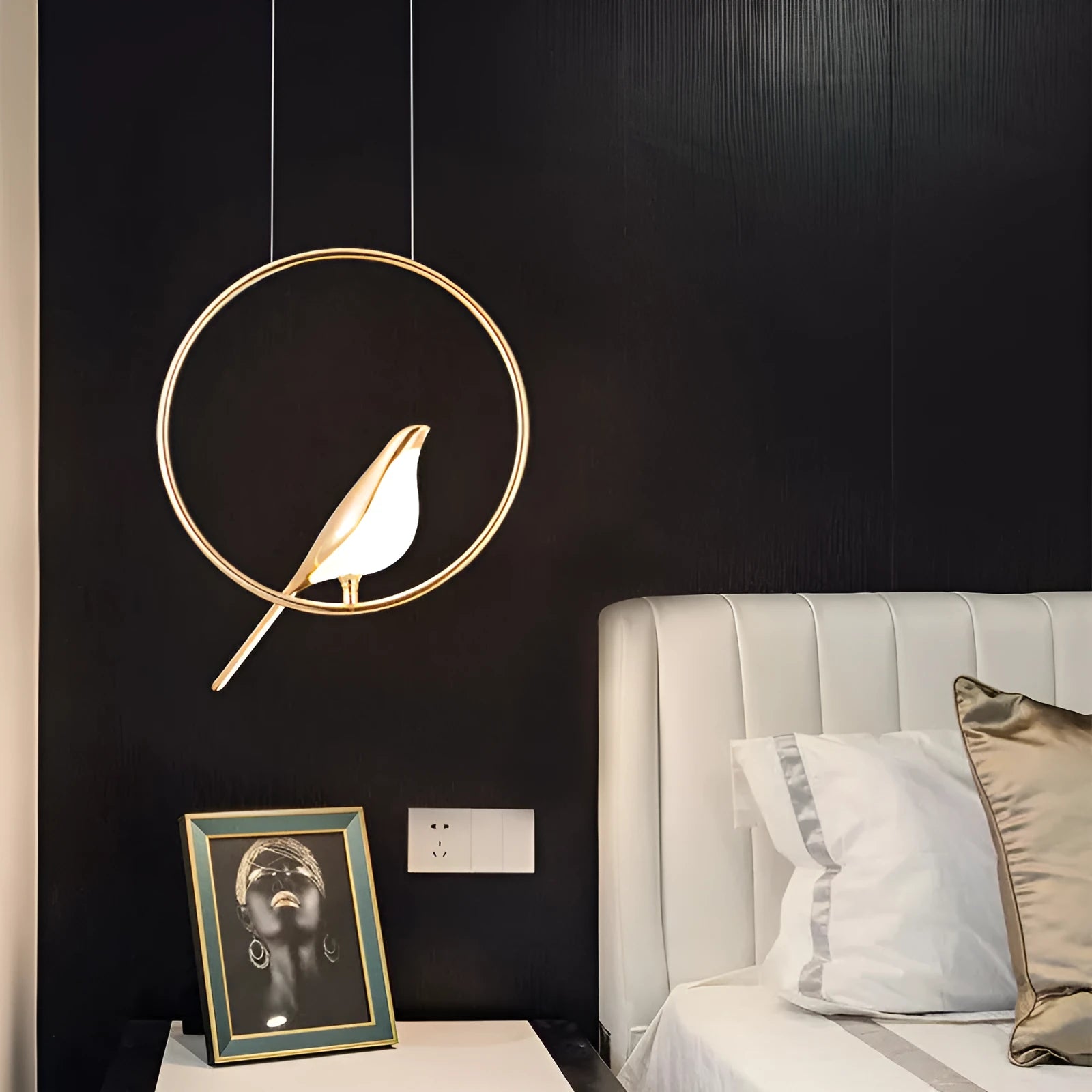 Tall, linear modern magpie bird chandelier with zinc alloy frame and acrylic details, hanging at 150cm.
