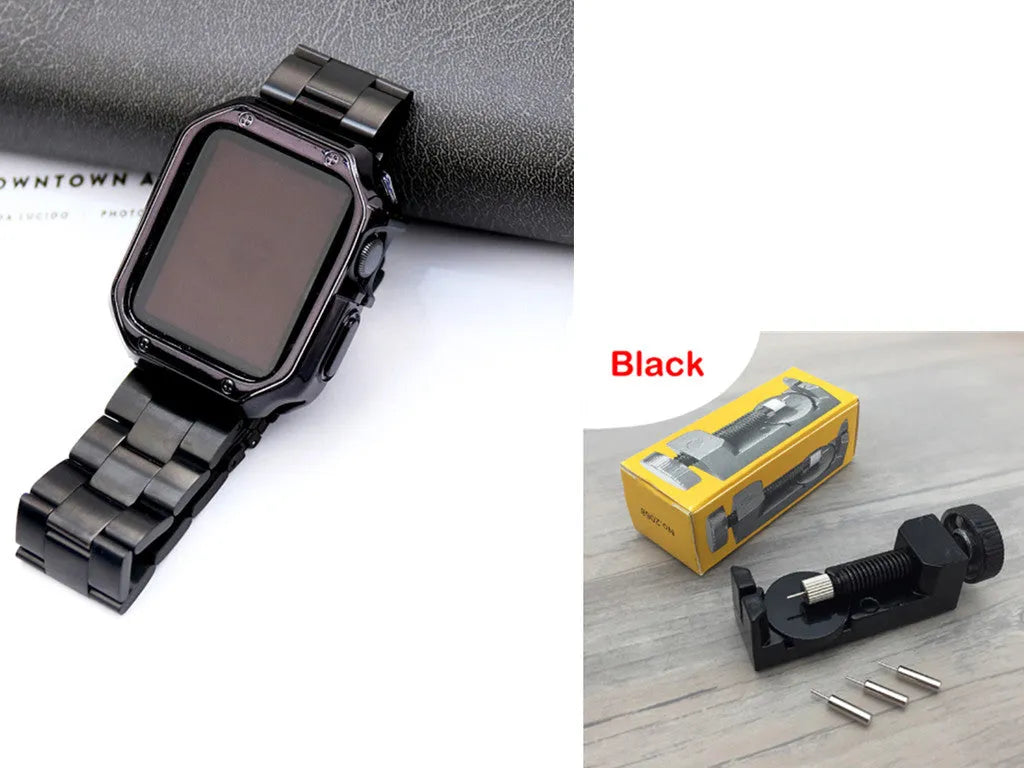 Stainless steel link band and black TPU protective frame for Apple Watch 44mm case