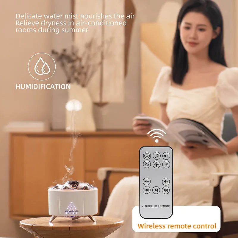 White flame aroma diffuser with Bluetooth speaker and remote control on a table