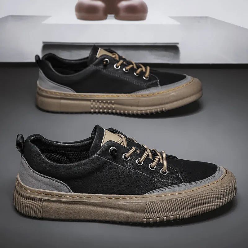 Men's black round toe leather shoes with lace-up front and rubber sole